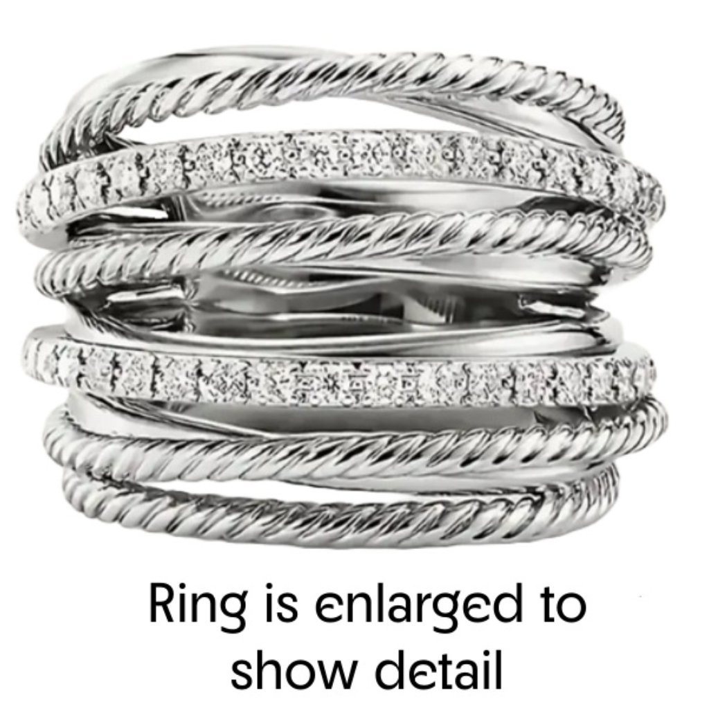 Platinum Plated & Cubic Zirconia Intertwined Crossover Chunky Statement Ring